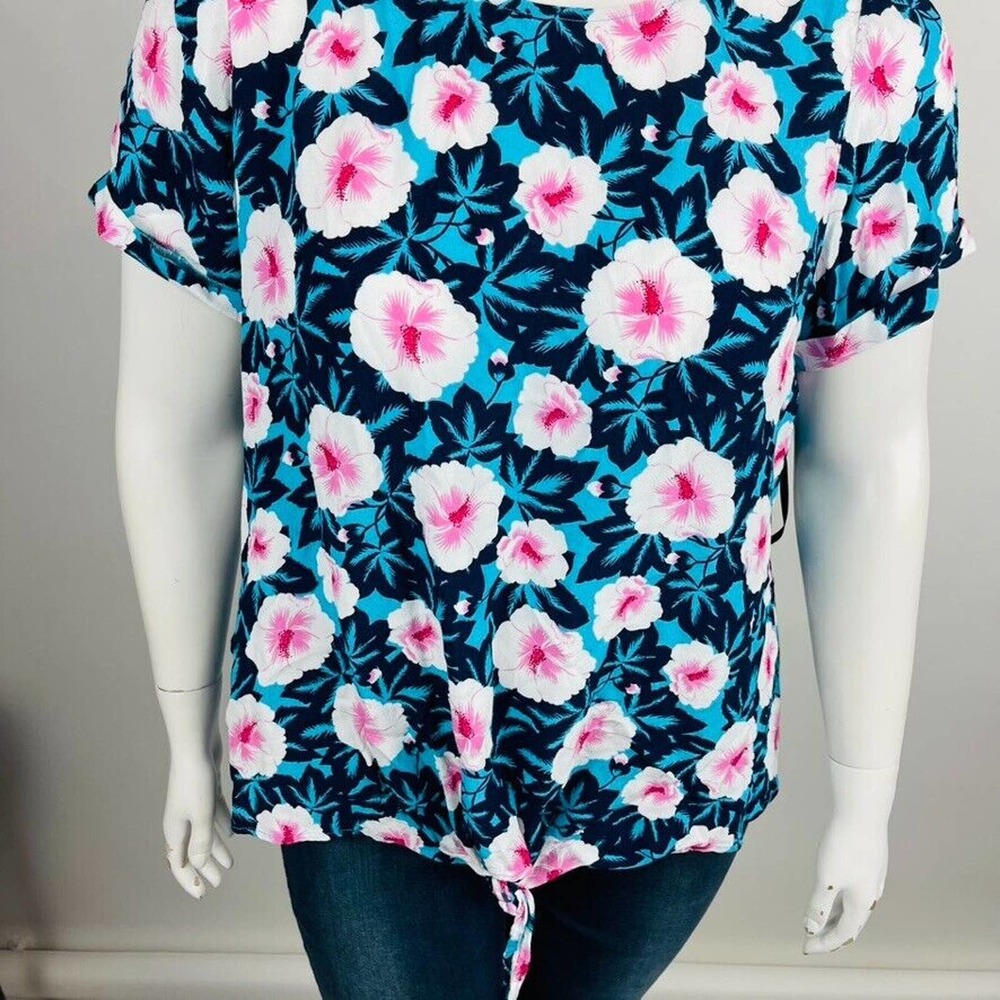 Westport Womans Sz 2X Blouse Shirt Floral Blue Short Sleeve Tie Detail - Picture 4 of 7